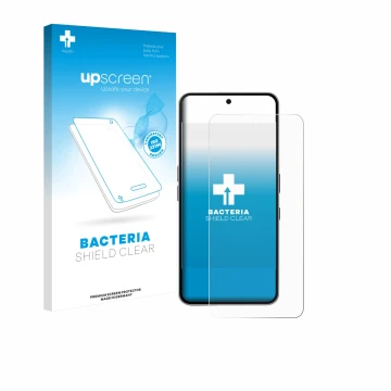 Parte frontale di una confezione del prodotto con il logo del marchio upscreen. Accanto è raffigurato il dispositivo Nothing P