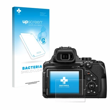 Parte frontale di una confezione del prodotto con il logo del marchio upscreen. Accanto è raffigurato il dispositivo Nikon Coo