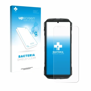 Parte frontale di una confezione del prodotto con il logo del marchio upscreen. Accanto è raffigurato il dispositivo Doogee S 