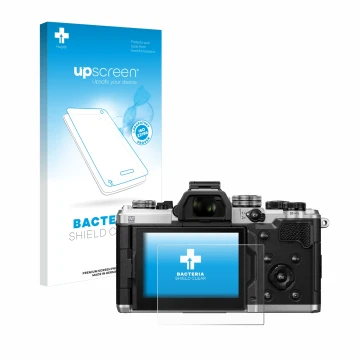 Parte frontale di una confezione del prodotto con il logo del marchio upscreen. Accanto è raffigurato il dispositivo OM System