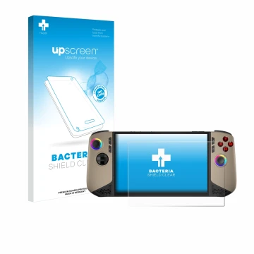 Parte frontale di una confezione del prodotto con il logo del marchio upscreen. Accanto è raffigurato il dispositivo MSI Claw 