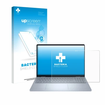 Parte frontale di una confezione del prodotto con il logo del marchio upscreen. Accanto è raffigurato il dispositivo Dell 16 P