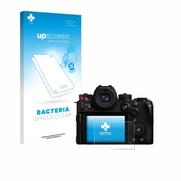 Parte frontale di una confezione del prodotto con il logo del marchio upscreen. Accanto è raffigurato il dispositivo Panasonic