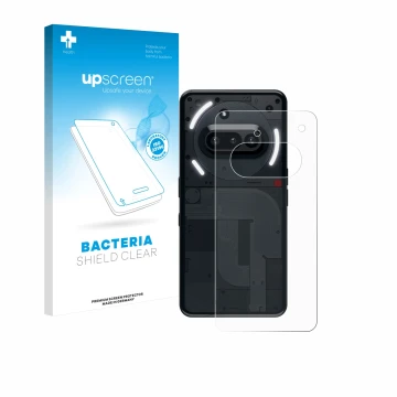 Parte frontale di una confezione del prodotto con il logo del marchio upscreen. Accanto è raffigurato il dispositivo Nothing P