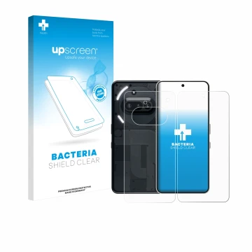 Parte frontale di una confezione del prodotto con il logo del marchio upscreen. Accanto è raffigurato il dispositivo Nothing P