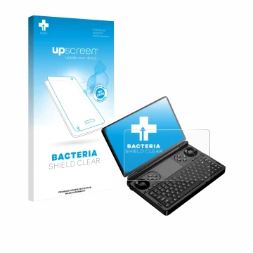 Parte frontale di una confezione del prodotto con il logo del marchio upscreen. Accanto è raffigurato il dispositivo GPD Win M