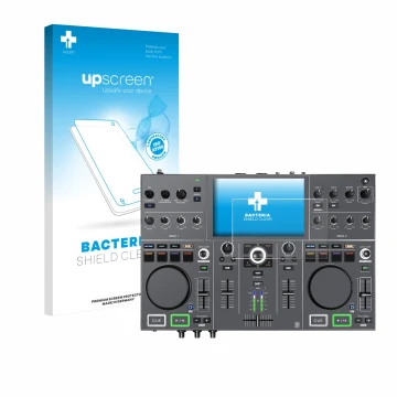 Parte frontale di una confezione del prodotto con il logo del marchio upscreen. Accanto è raffigurato il dispositivo Denon DJ 