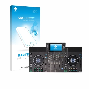 Parte frontale di una confezione del prodotto con il logo del marchio upscreen. Accanto è raffigurato il dispositivo Denon DJ 