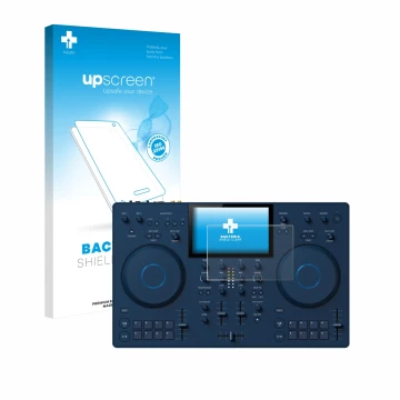 Parte frontale di una confezione del prodotto con il logo del marchio upscreen. Accanto è raffigurato il dispositivo AlphaThet