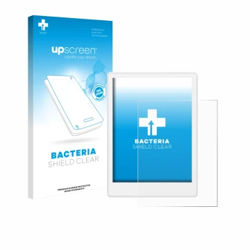 Parte frontale di una confezione del prodotto con il logo del marchio upscreen. Accanto è raffigurato il dispositivo Meebook M