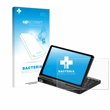 Parte frontale di una confezione del prodotto con il logo del marchio upscreen. Accanto è raffigurato il dispositivo GPD Pocke