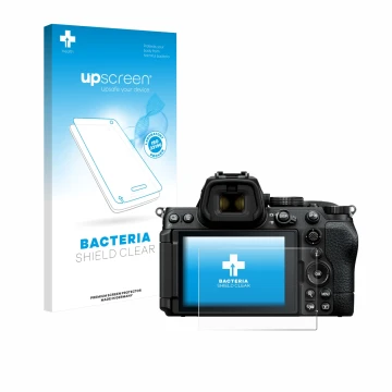 Parte frontale di una confezione del prodotto con il logo del marchio upscreen. Accanto è raffigurato il dispositivo Nikon Z5 