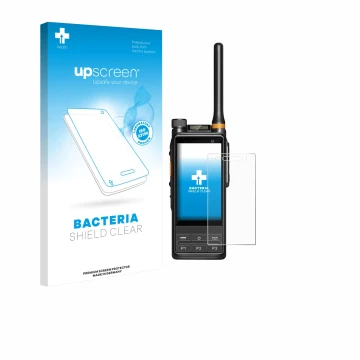 Parte frontale di una confezione del prodotto con il logo del marchio upscreen. Accanto è raffigurato il dispositivo Hytera PD