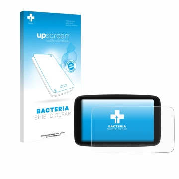 Parte frontale di una confezione del prodotto con il logo del marchio upscreen. Accanto è raffigurato il dispositivo TomTom Go