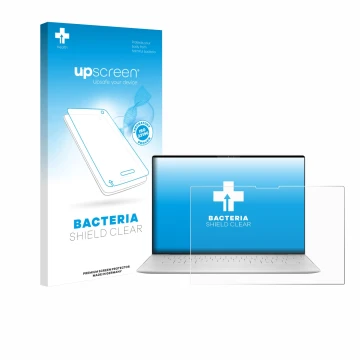 Parte frontale di una confezione del prodotto con il logo del marchio upscreen. Accanto è raffigurato il dispositivo Dell XPS 