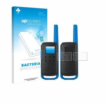 Parte frontale di una confezione del prodotto con il logo del marchio upscreen. Accanto è raffigurato il dispositivo Motorola 