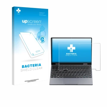 Parte frontale di una confezione del prodotto con il logo del marchio upscreen. Accanto è raffigurato il dispositivo Chuwi Min