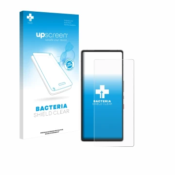 Parte frontale di una confezione del prodotto con il logo del marchio upscreen. Accanto è raffigurato il dispositivo ZTE Nubia