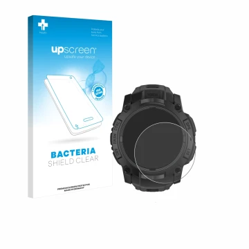Parte frontale di una confezione del prodotto con il logo del marchio upscreen. Accanto è raffigurato il dispositivo Garmin In