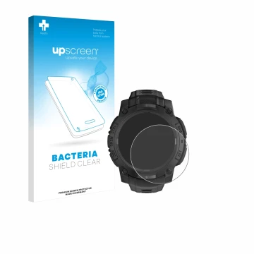 Parte frontale di una confezione del prodotto con il logo del marchio upscreen. Accanto è raffigurato il dispositivo Garmin In