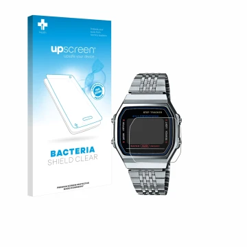 Parte frontale di una confezione del prodotto con il logo del marchio upscreen. Accanto è raffigurato il dispositivo Casio ico