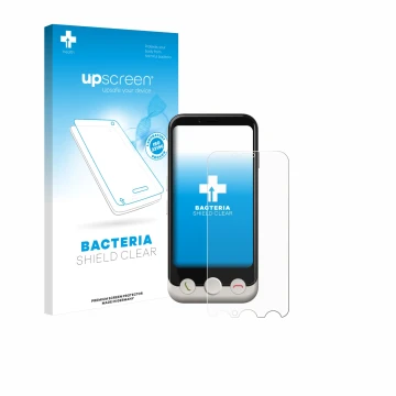 Parte frontale di una confezione del prodotto con il logo del marchio upscreen. Accanto è raffigurato il dispositivo Doro Auro