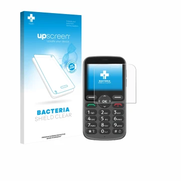Parte frontale di una confezione del prodotto con il logo del marchio upscreen. Accanto è raffigurato il dispositivo Doro 1380