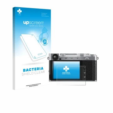 Parte frontale di una confezione del prodotto con il logo del marchio upscreen. Accanto è raffigurato il dispositivo Fujifilm 