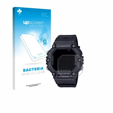 Parte frontale di una confezione del prodotto con il logo del marchio upscreen. Accanto è raffigurato il dispositivo Casio AE-