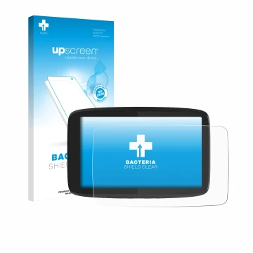 Parte frontale di una confezione del prodotto con il logo del marchio upscreen. Accanto è raffigurato il dispositivo TomTom GO