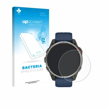 Parte frontale di una confezione del prodotto con il logo del marchio upscreen. Accanto è raffigurato il dispositivo Garmin qu