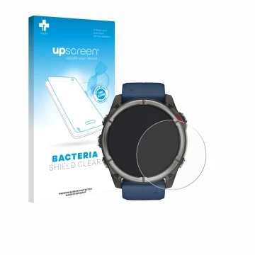 Parte frontale di una confezione del prodotto con il logo del marchio upscreen. Accanto è raffigurato il dispositivo Garmin qu