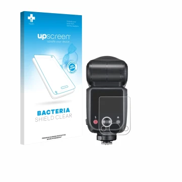 Parte frontale di una confezione del prodotto con il logo del marchio upscreen. Accanto è raffigurato il dispositivo Godox V10