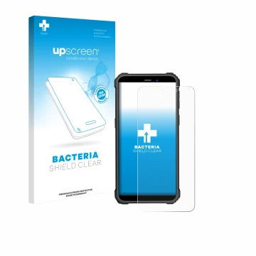 Parte frontale di una confezione del prodotto con il logo del marchio upscreen. Accanto è raffigurato il dispositivo Oukitel W