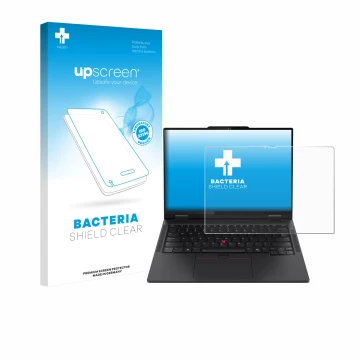 Parte frontale di una confezione del prodotto con il logo del marchio upscreen. Accanto è raffigurato il dispositivo Lenovo Th