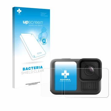 Parte frontale di una confezione del prodotto con il logo del marchio upscreen. Accanto è raffigurato il dispositivo GoPro Her