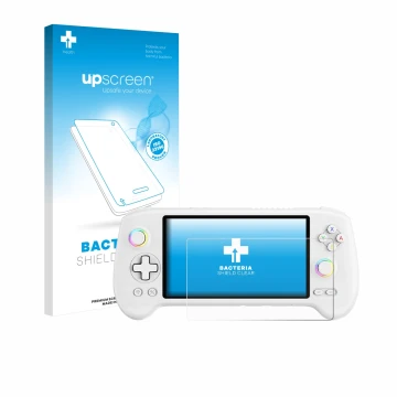 Parte frontale di una confezione del prodotto con il logo del marchio upscreen. Accanto è raffigurato il dispositivo Anbernic 