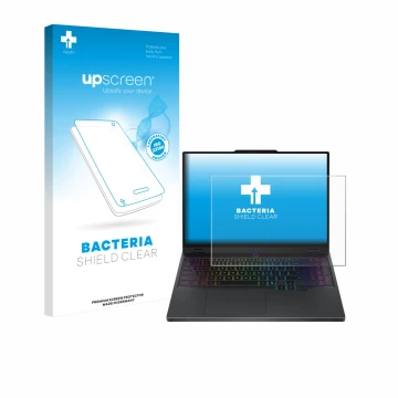 Parte frontale di una confezione del prodotto con il logo del marchio upscreen. Accanto è raffigurato il dispositivo Lenovo Le