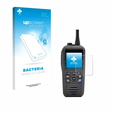 Parte frontale di una confezione del prodotto con il logo del marchio upscreen. Accanto è raffigurato il dispositivo Icom IC-M