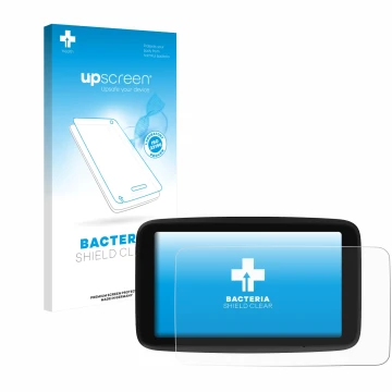 Parte frontale di una confezione del prodotto con il logo del marchio upscreen. Accanto è raffigurato il dispositivo TomTom GO
