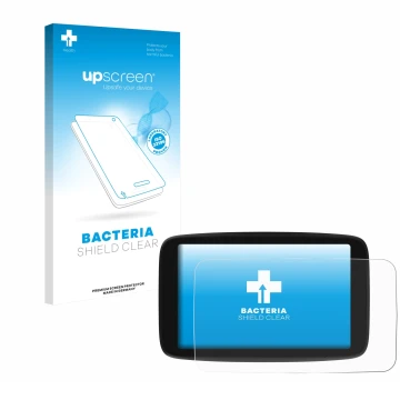Parte frontale di una confezione del prodotto con il logo del marchio upscreen. Accanto è raffigurato il dispositivo TomTom Go