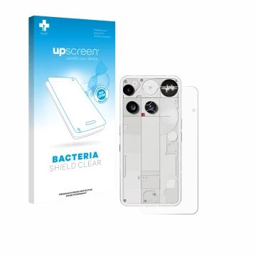 Parte frontale di una confezione del prodotto con il logo del marchio upscreen. Accanto è raffigurato il dispositivo Nothing P