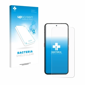 Parte frontale di una confezione del prodotto con il logo del marchio upscreen. Accanto è raffigurato il dispositivo Oukitel W
