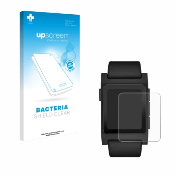 Parte frontale di una confezione del prodotto con il logo del marchio upscreen. Accanto è raffigurato il dispositivo Pebble 2 