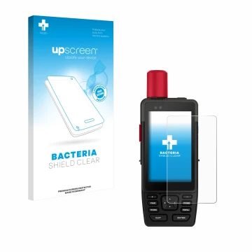 Parte frontale di una confezione del prodotto con il logo del marchio upscreen. Accanto è raffigurato il dispositivo Garmin GP