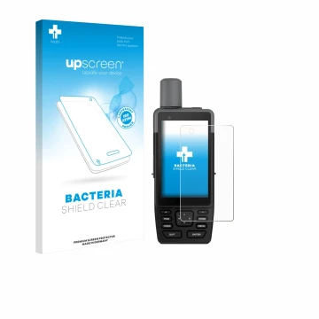 Parte frontale di una confezione del prodotto con il logo del marchio upscreen. Accanto è raffigurato il dispositivo Garmin GP