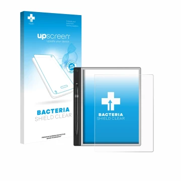 Parte frontale di una confezione del prodotto con il logo del marchio upscreen. Accanto è raffigurato il dispositivo Montblanc