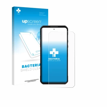 Parte frontale di una confezione del prodotto con il logo del marchio upscreen. Accanto è raffigurato il dispositivo Oukitel W