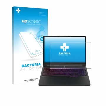 Parte frontale di una confezione del prodotto con il logo del marchio upscreen. Accanto è raffigurato il dispositivo Lenovo Le