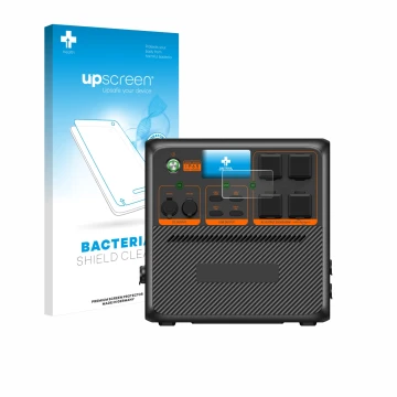 Parte frontale di una confezione del prodotto con il logo del marchio upscreen. Accanto è raffigurato il dispositivo Bluetti A